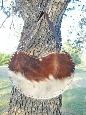 🤎 Handmade Brown & White Cowhide Crescent Purse | Genuine Leather | One of a Ki